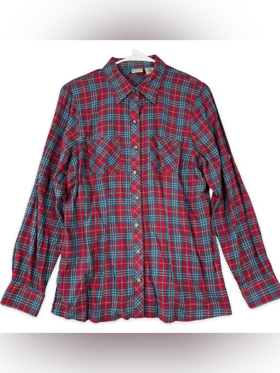 L.L. Bean Tops - LL Bean Button Down Shirt Womens‎ M Medium Red Blue Plaid Long Roll Tab Sleeve